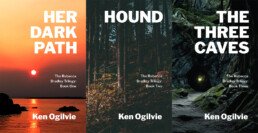 Cover images for Her Dark Path, Hound, and The Three Caves by Ken Ogilvie